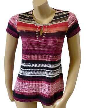 Notations Top Womens Petite PS Keyhole Embellished Striped Short Sleeve Stretch